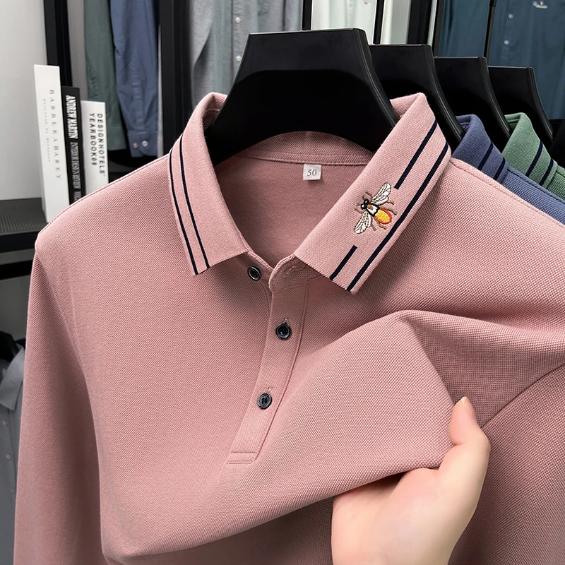 

100% cotton men's long sleeve polo shirt autumn new casual high-quality fashion brand exquisite bee embroidery lapel T-shirt
