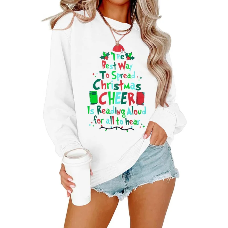 Christmas women's sports long sleeved shirt with round neck and Christmas tree pattern printed white top