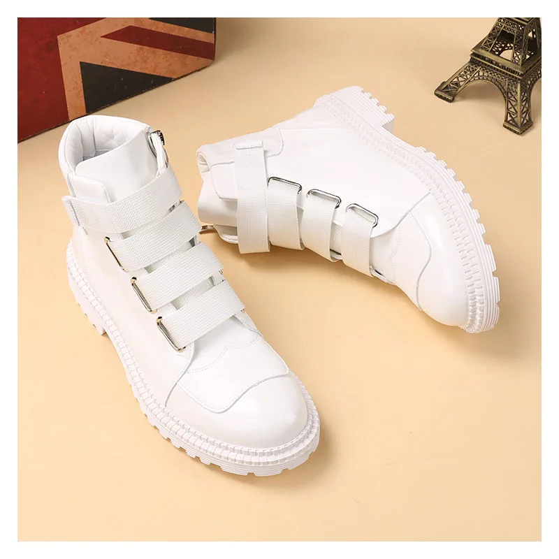 حذاء رجالي أنيق للملهى الليلي ذو نعل سميك حذاء أبيض وأسود حذاء كاوبوي أصلي من الجلد للربيع والخريف حذاء بوت للكاحل للرجال #2