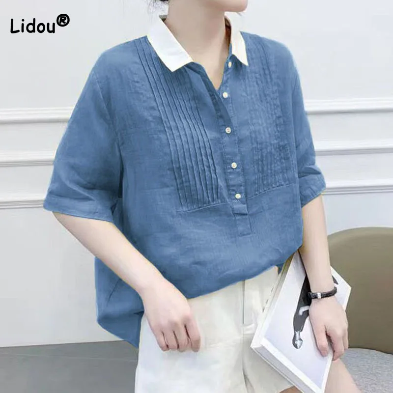 

Fashion Loose Button Spliced Solid Color T-shirt Summer Women's Clothing Simplicity All-match Female Short Sleeve Polo-Neck Tops