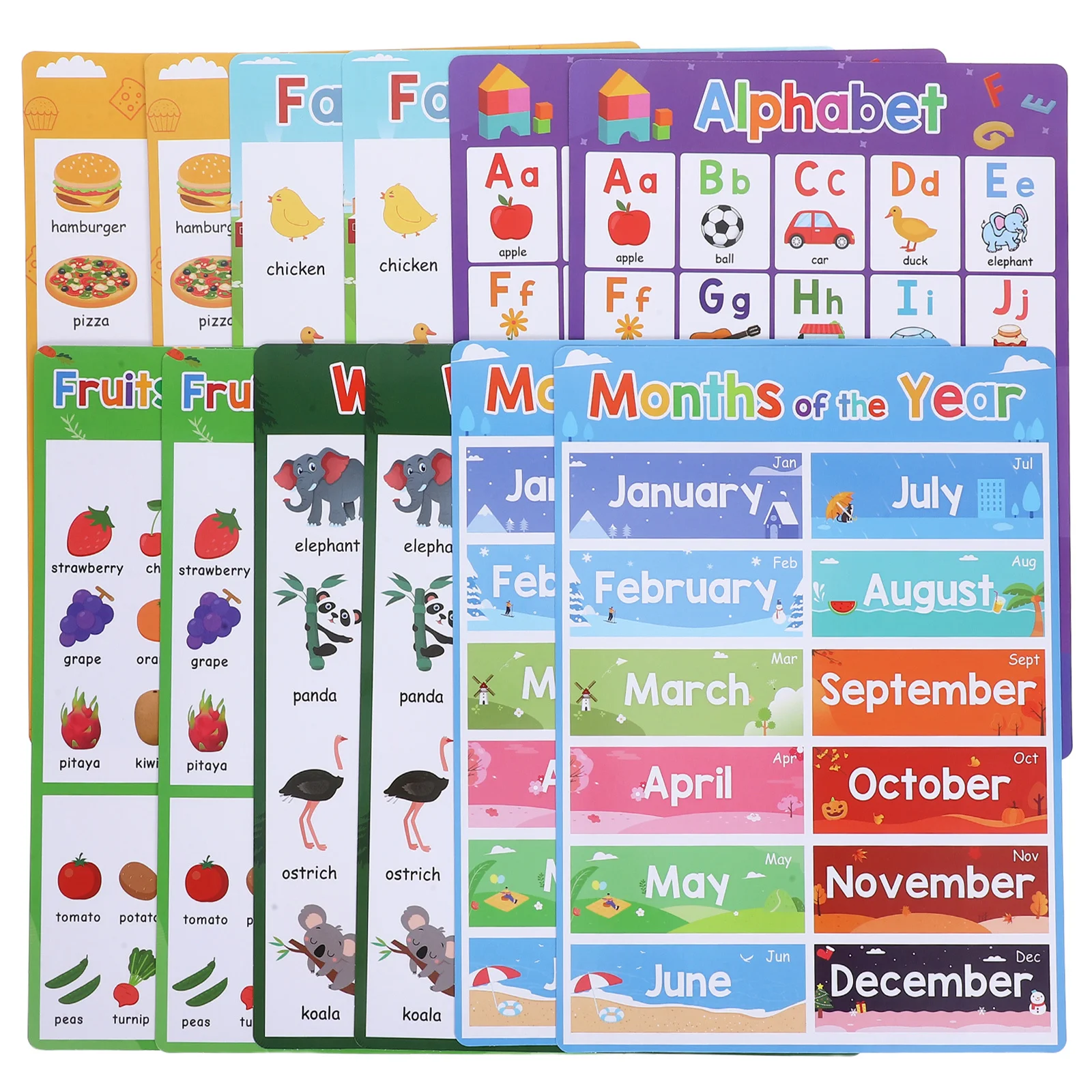 12 pezzi poster educativi per bambini alfabeto animali frutta mesi decorazioni per l'aula in età prescolare strumenti di apprendimento poster di apprendimento