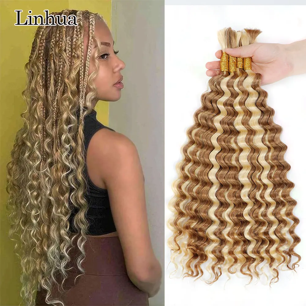 Linhua p27/613 blonde tiefe Welle Flechten menschliches Haar für Mikro häkeln Boho Bohemian Zöpfe lockige Highlight doppelt gezogene Masse