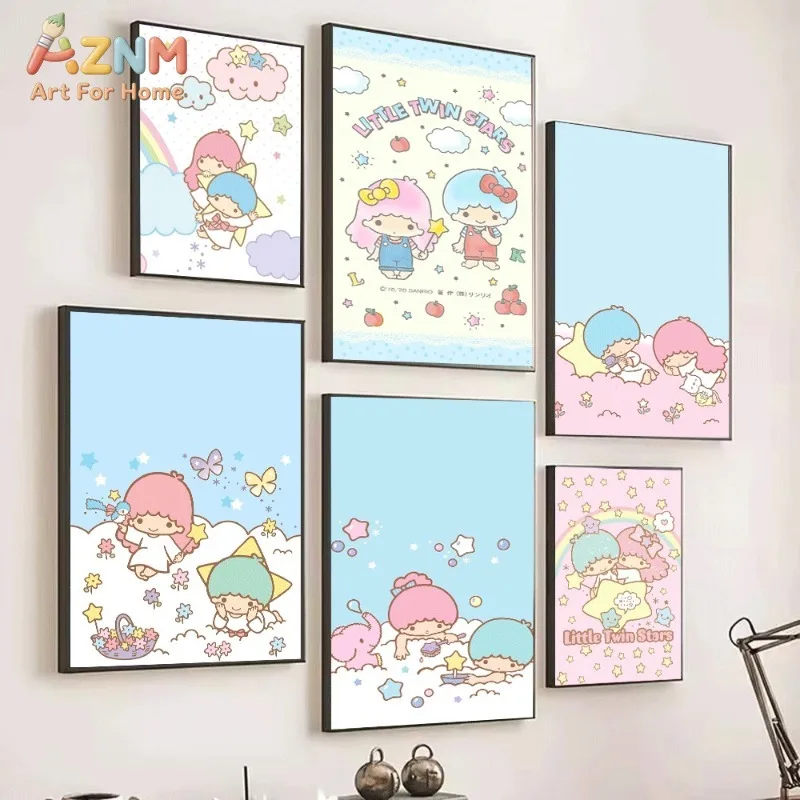 Little Twin Stars Cloud Rainbow Canvas Wall Art Cute Sanrio Anime Print Unframed Canvas Painting For Kids Bedroom Wall Decor Gir
