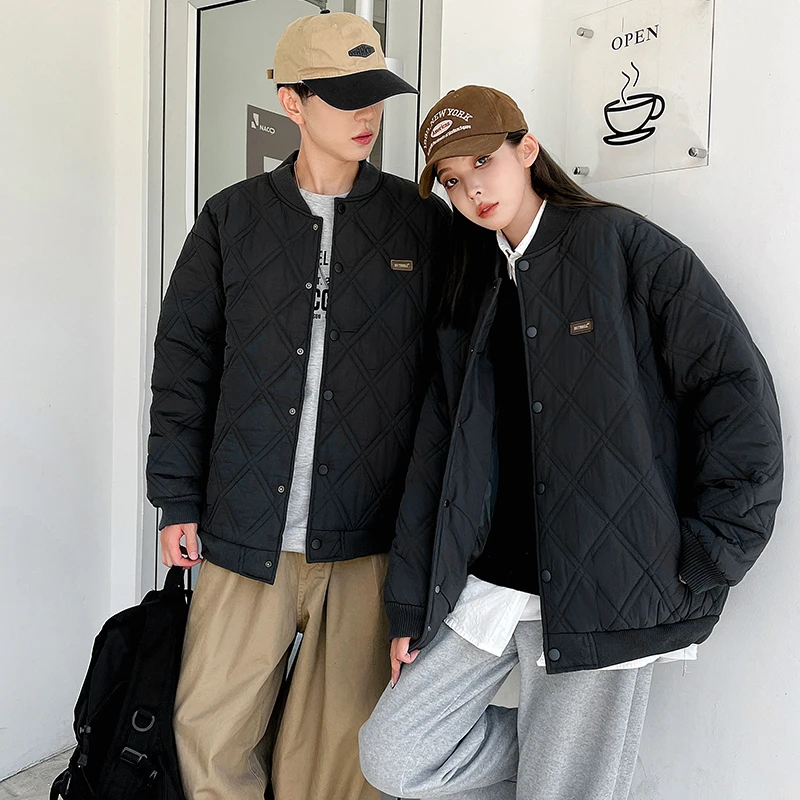 Couples style parka women's winter jacket with front concealed buckle fashion simple diamond coat elegant stand collar jacket