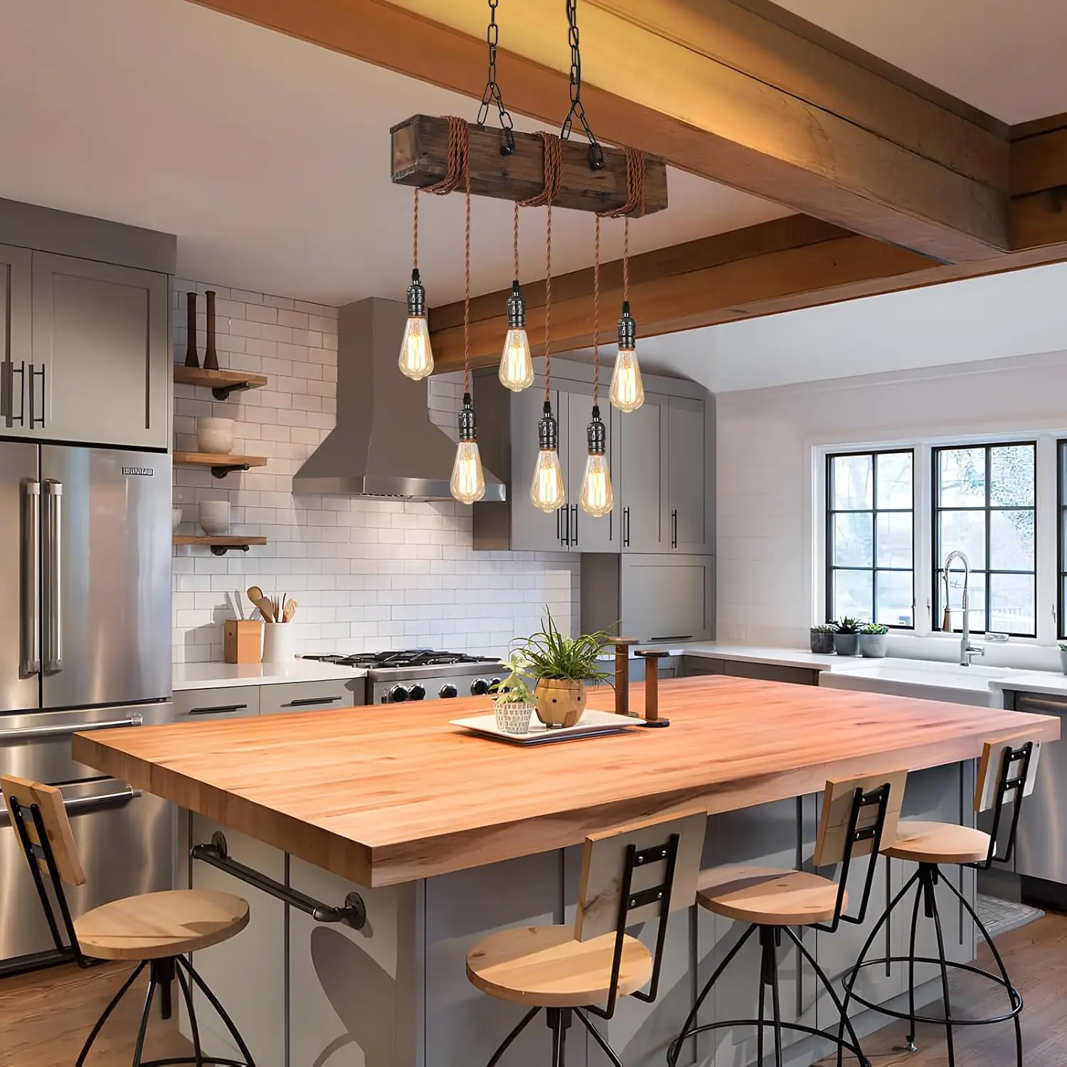 6-Light Farmhouse Chandelier - Rustic Wood Adjustable Pendant Light for Dining Room, Kitchen Island & Bar