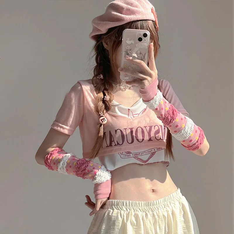 Pink Cute Puff Sleeves Summer Women Sun Protection Cotton Sleeves Sweet Y2k Girl Heart Arm Sleeves JK Lolita Fingerless Golves