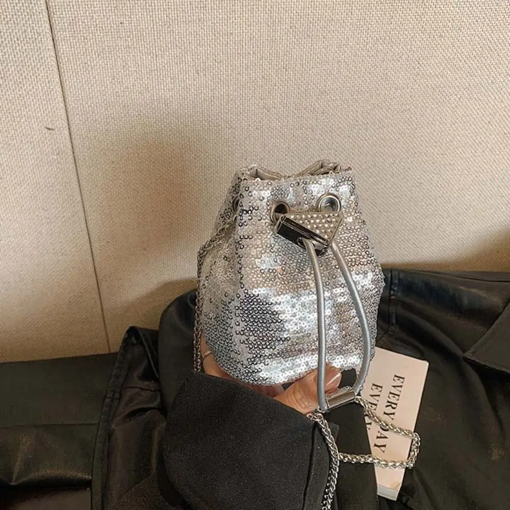 

Portable Rhinestone Glitter Bucket Bag Sequin Crossbody Bag Mobile Phone Bag Nylon Chain Coin Purse Girls