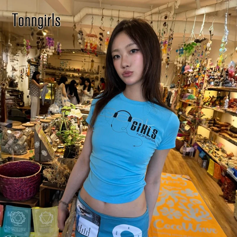 Camiseta Estética Y2K para Mulheres, Manga Curta, Estampa Gráfica, Moda de Rua, Camisetas Japonesas dos Anos 2000, Camisetas Retro Americanas