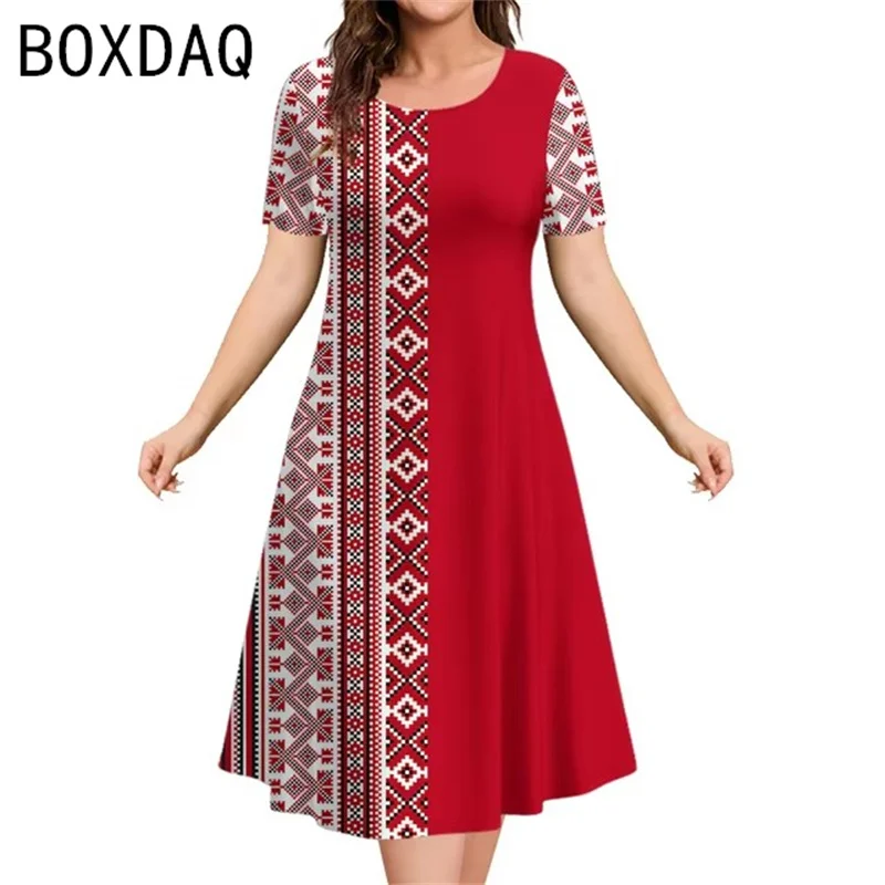 3D Vintage Ethnic Style Elegant A-Line Dress Oversized 3XL Women Short Sleeve O-Neck Casual Dress Letter Printed Casual Dresses