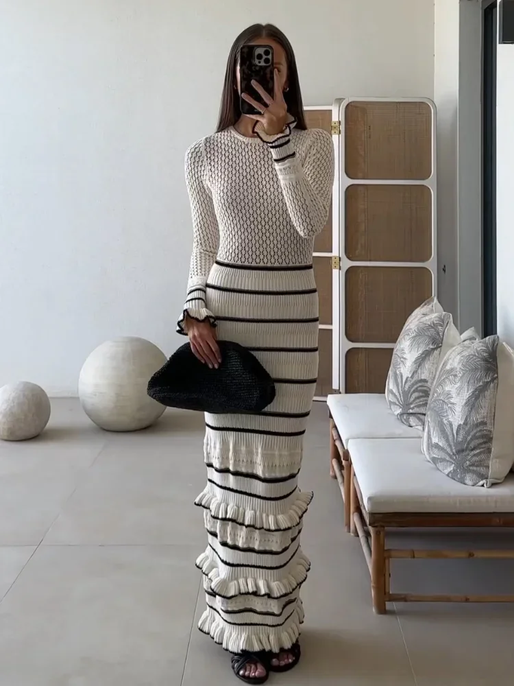 White Ruffle Knitted Maxi Dress Women Sexy Hollow Out See Through Sweater Dresses Autumn Winter Elegant Long Sleeve Slim Dresses