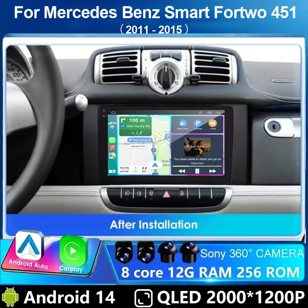 Carplay Android 14 System Car DVD Multimedia Player For Mercedes Benz Smart Fortwo 451 2011 2012 2013 2014 2015 WiFi Radio GPS