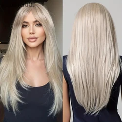 LOUIS FERRE Long Straight Platinum Synthetic Wigs for Women Blonde Layered Wigs With Bangs Daily Party Heat Resistant Fiber Hair
