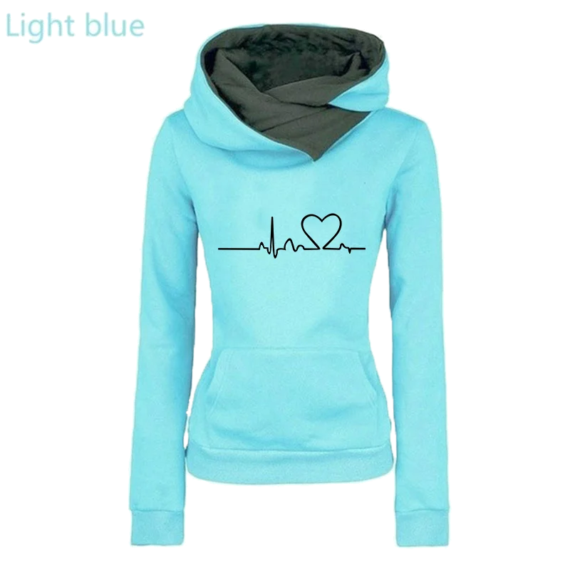 Love Heartbeat Print Women Hoodies Lapel High Collar Long Sleeve Hooded Sweatshirts Casual Pullover Tops
