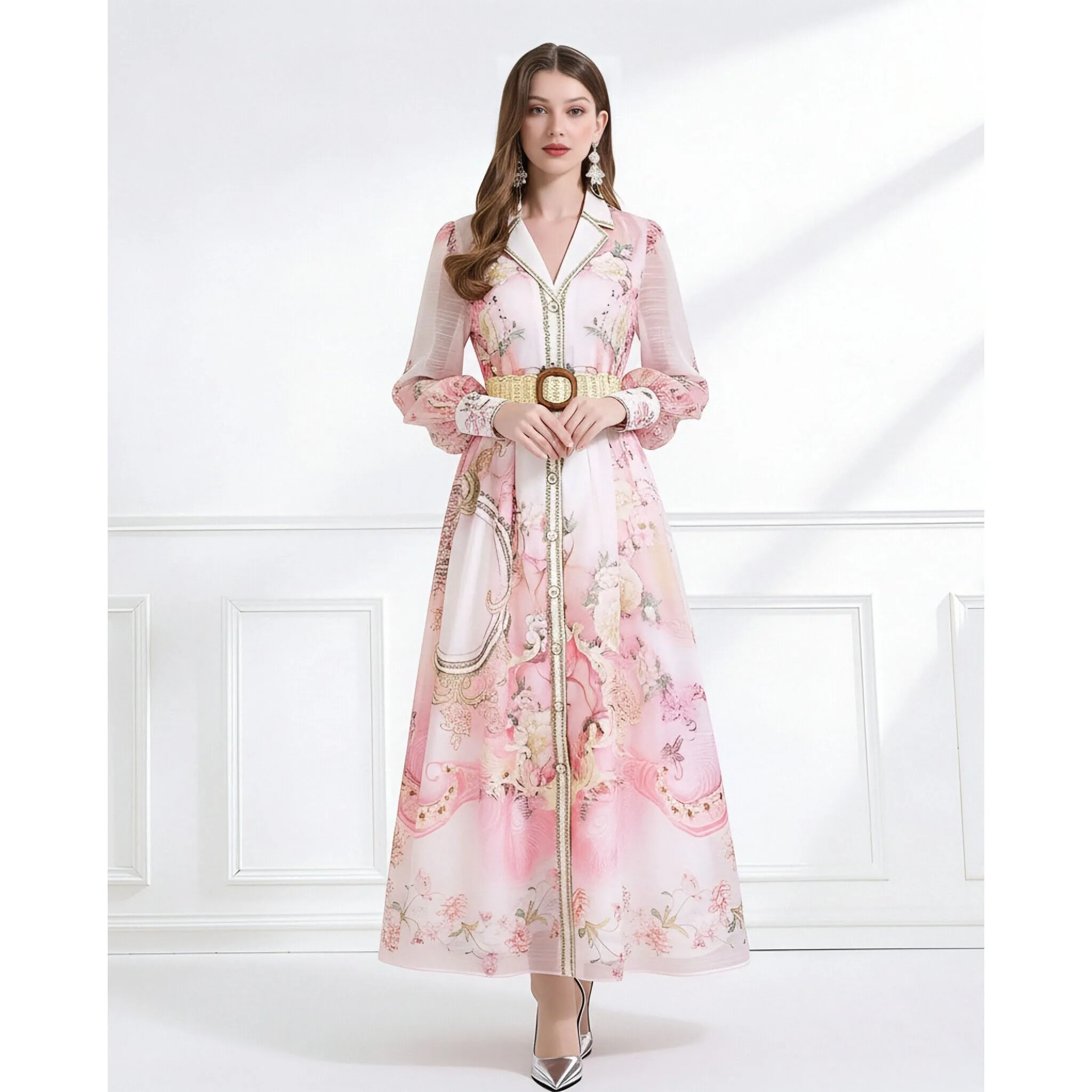 

Spring 2026 Women's Floral Print Dress V-Neck Long Lantern Sleeve Belted Prom Party Robe Linen Clothes Notched Neckline