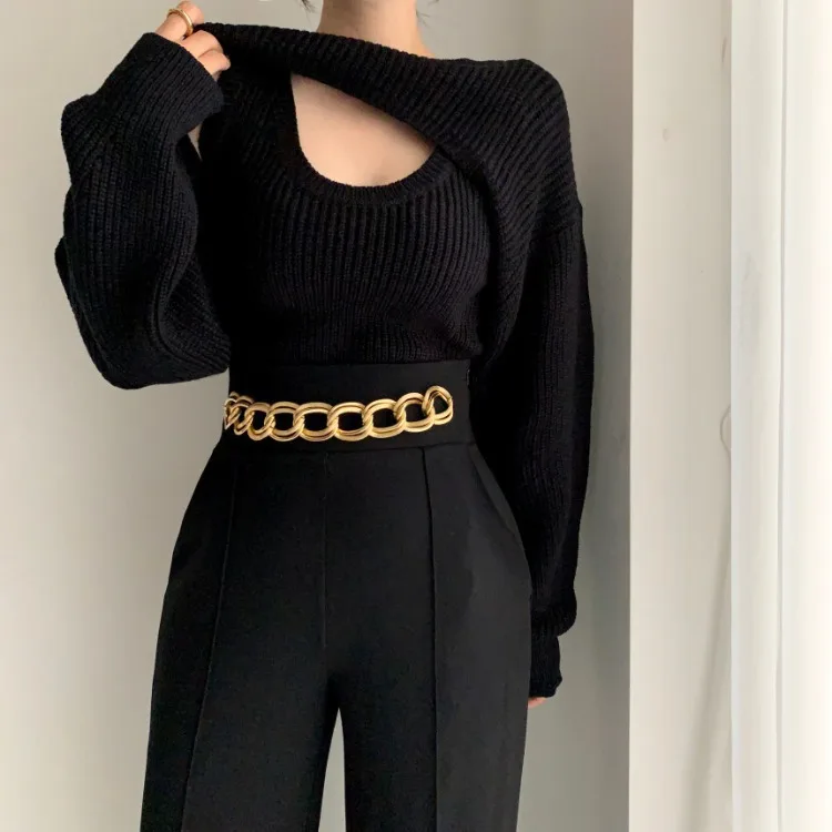 Early Autumn Korean Style Slim Fit Knitted Sweater Vest Casual Outerwear Short Sweater Cover Two-piece Set for Women