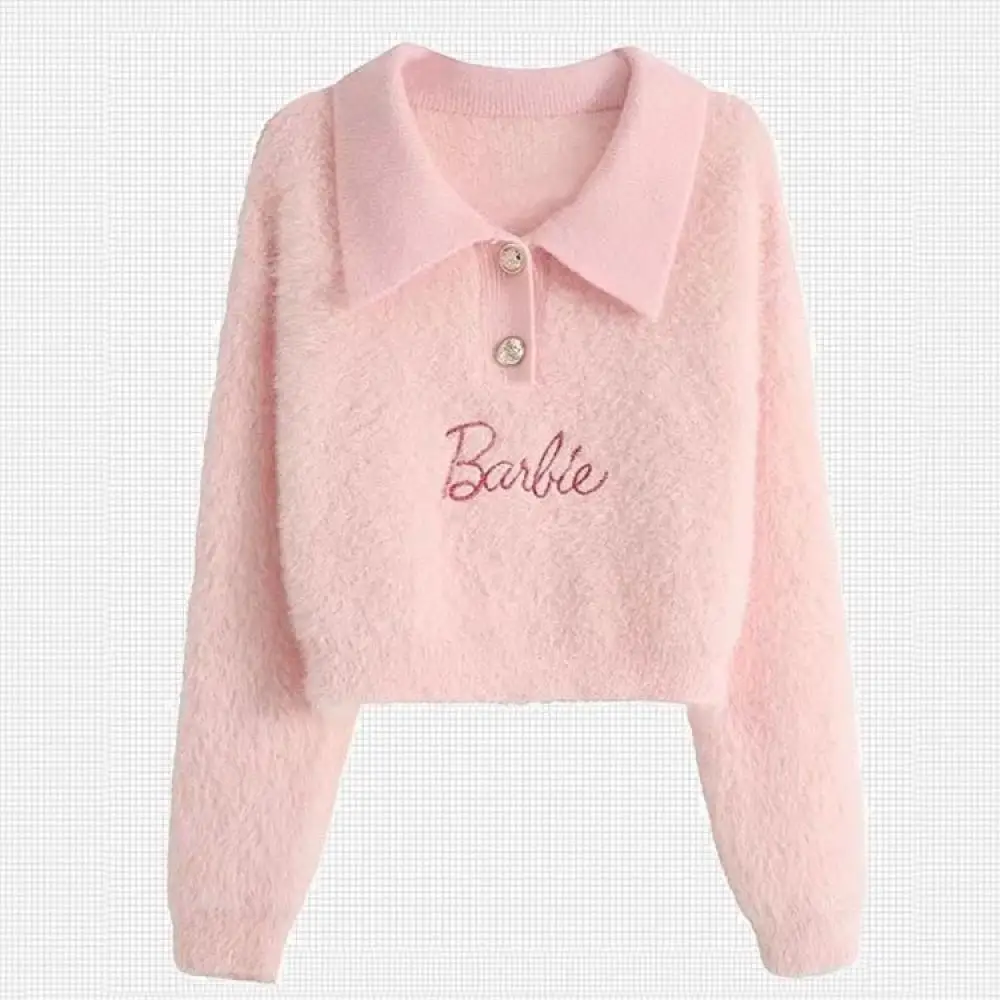 Polo Collar Embroidery Letter Solid Fleece Shirt Sweater Womens Spring Autumn College Style Vintage Long-Sleeved Pullover Female