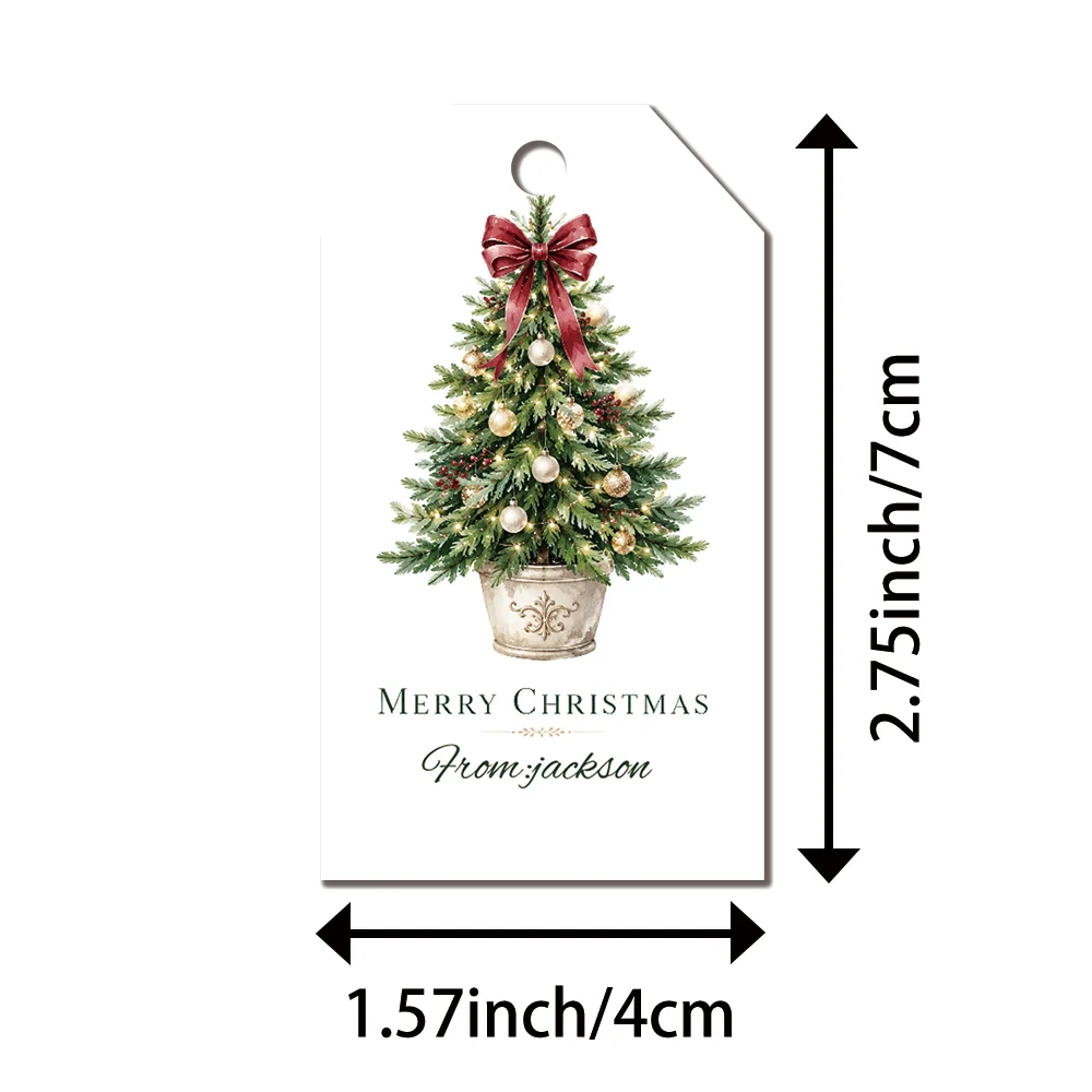 40Pcs Custom Text Christmas Gift Tags, Potted Xmas Tree Red Bow Hanging Labels,with Jute Rope