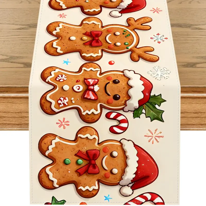 VIKAMA Reindeer Red Nose Antlers Candy Cane Christmas Christmas Table Runner Linen Fabric Cloth for Xmas Dinner Party Home Decor