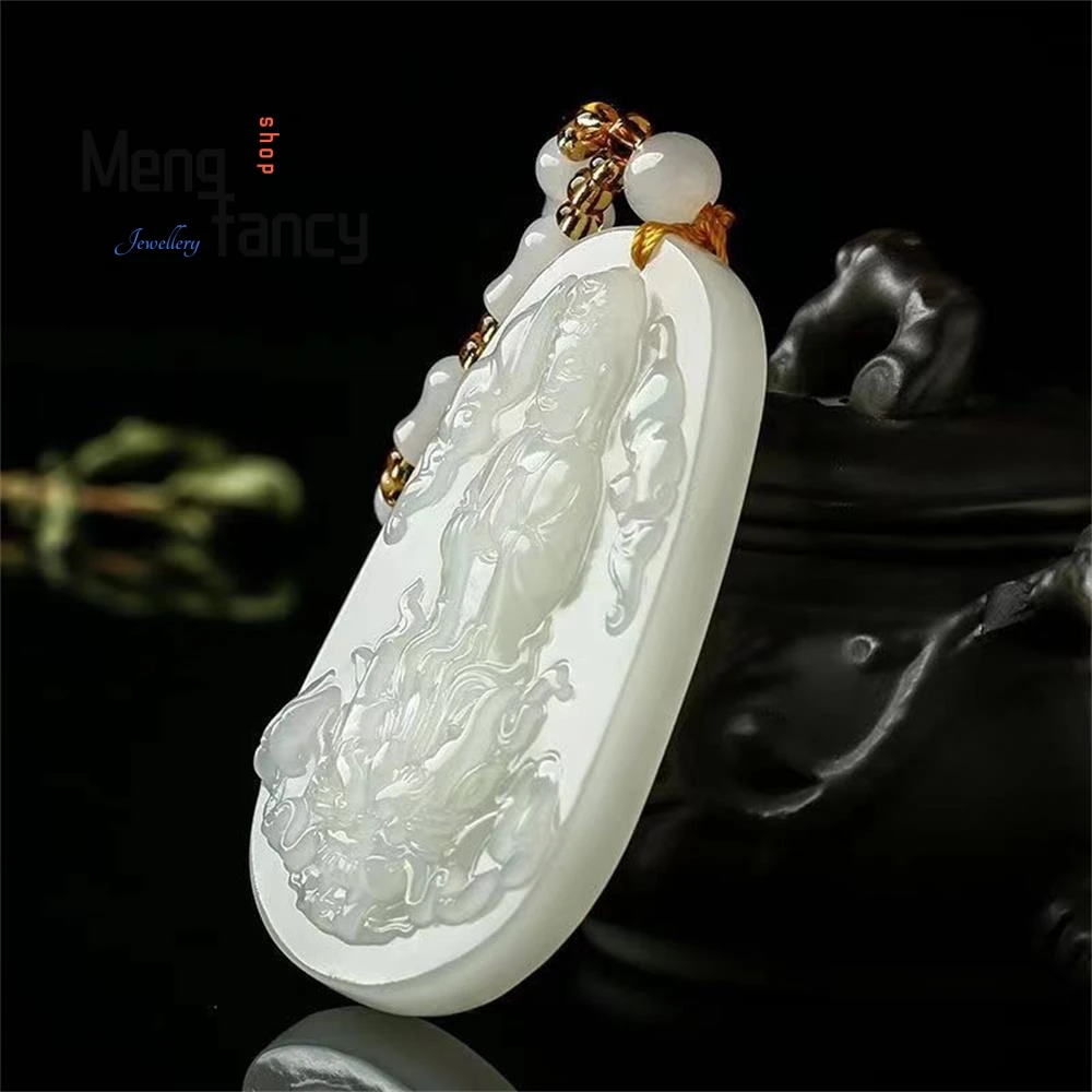 Natural Hetian White Jade Imperial Dragon Guanyin Bodhisattva Pendant Simple Exquisite Buddhist Amulets Luxury Fashion Jewelry