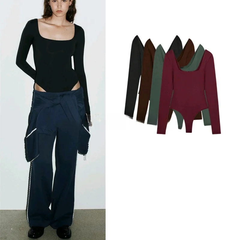 

Spring New Women's Design Slim Fit Long Sve Square Collar Jumpsuit Simple Sle Commute High Waist ort Pants Polyester F...