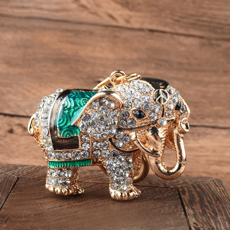 3D Auspicious Elephant Key Holder Chains Whole Enamel Colorful Crystal Bag Pendant Keyrings KeyChains For Women