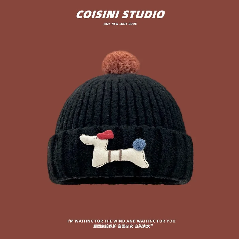 Korean Version Cute Puppy Patch Design Pom-pom Beanies for Women Autumn and Winter Travel Warm Versatile Pullover Hats Men