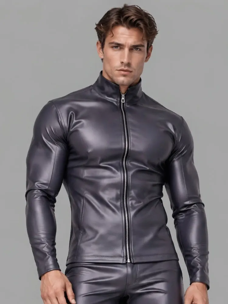 Fashion Cloth Latex PVC Shiny T-shirts Men's Slim PU Double Side Wear Nightclub Stage Tops High Neck Long Sleeve Zipper Open