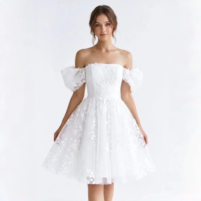 Off Shoulder 3D Leaf Tulle Mini Wedding Dress Lace-Up Back With Bow High Waist A-Line Skirt Evening Gowns Customizable