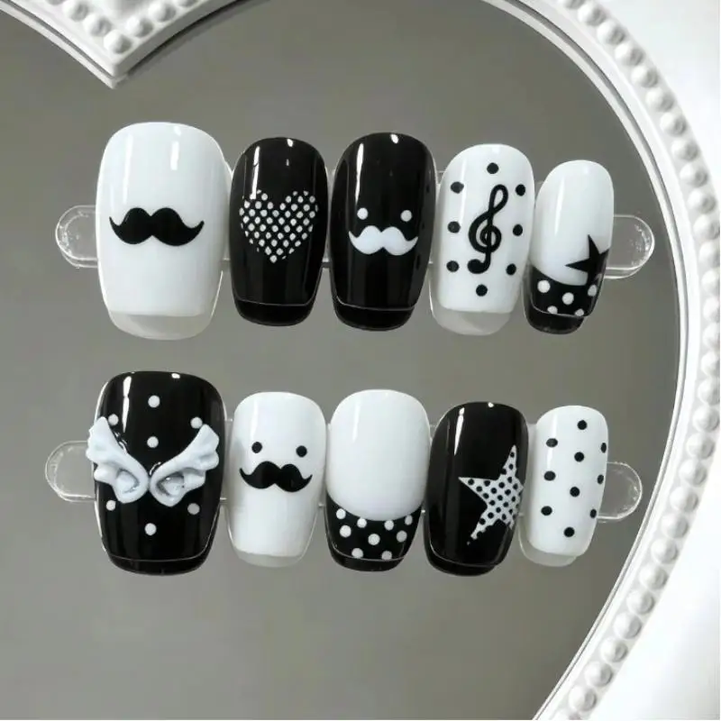 10/30Pcs Short Square Nail Tips Wearable Nail Art Black And White Contrasting Colors With Mustaches Hearts Decor For Women
