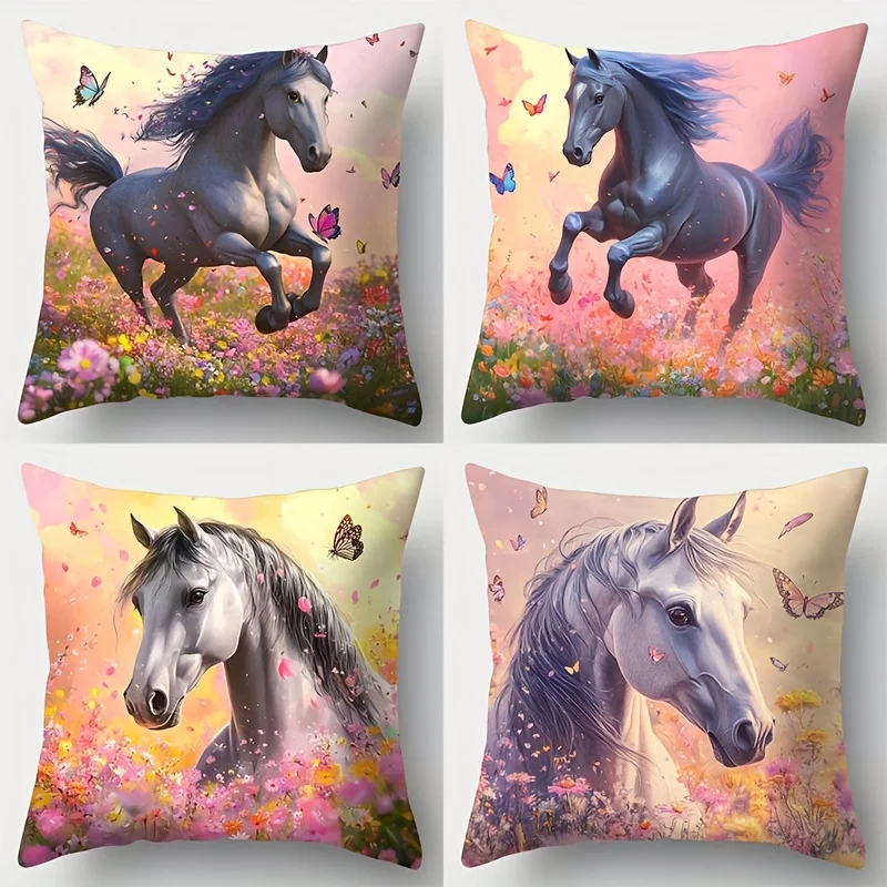 Whimsical Horse Galloping Through Flowers Pillowcase Set 4pcs 40x40cm Watercolor Petal Art Decoration for Bedroom Bedding Home D