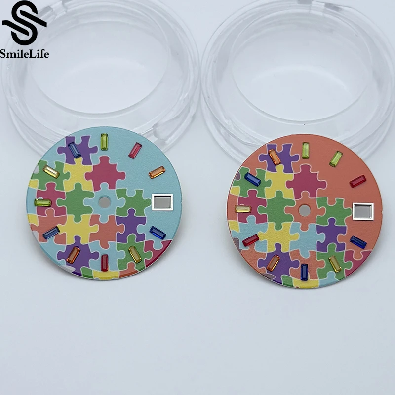 SmileLife-esfera de reloj NH35/NH36, 28,5mm, estilo bloque de rompecabezas, esfera de reloj con piedras preciosas de colores, compatible con movimiento NH34 NH35