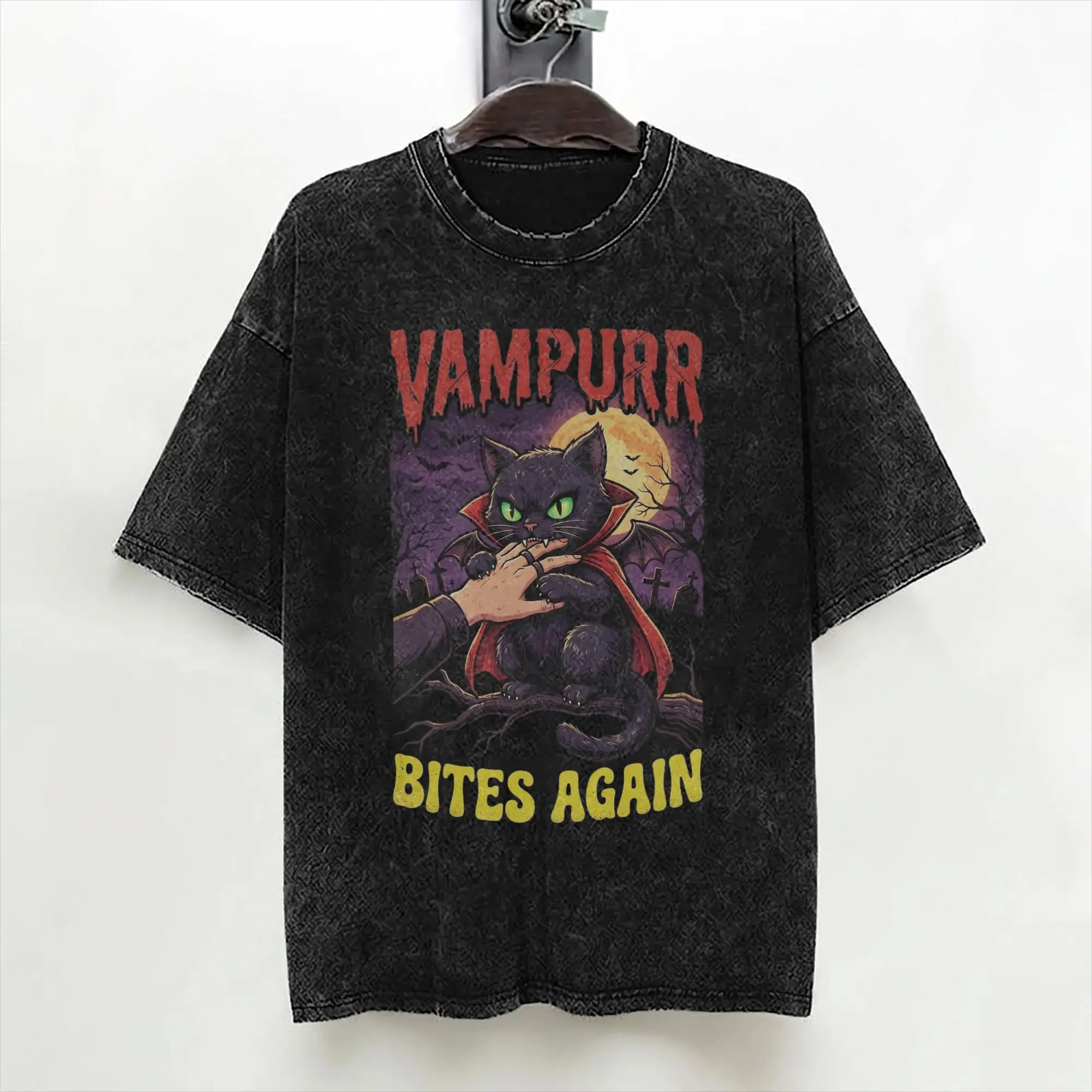 Vampurr Bites Again Halloween Vampire Cat Washed T Shirt Streetwear Novelty T-Shirt  Tee Shirt Men Women Short Sleeve
