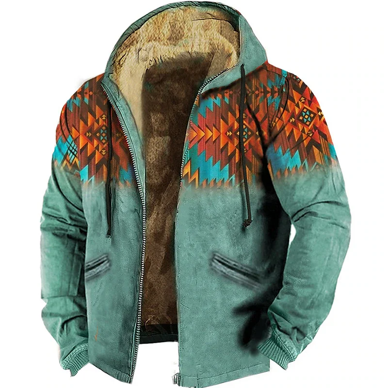 Men's Zipper Hoodies Winter New Fleece Parka Coats Ethnic Tribal Graphics Jackets Sweatshirts Outerwear Hooded Zip-up Overcoats
