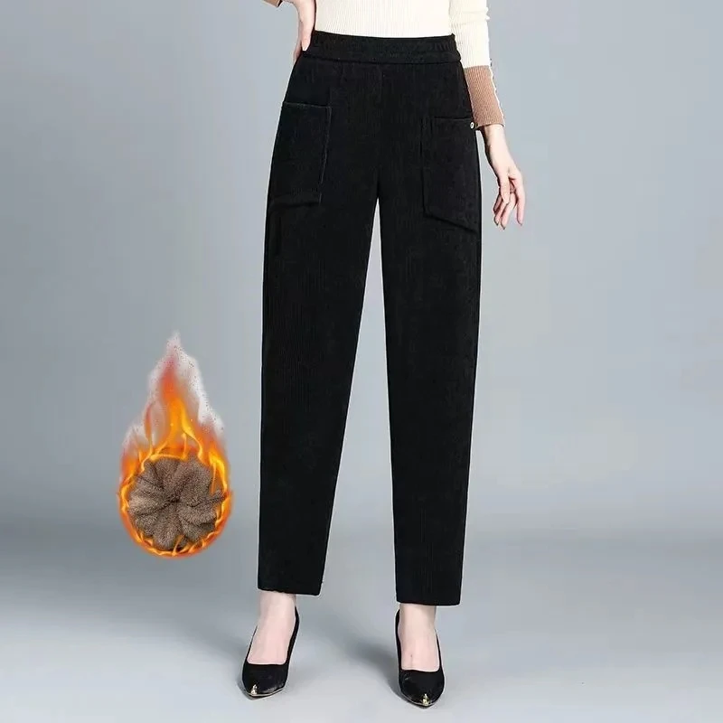 Spodnie sztruksowe z podszewką, proste nogawki, wysoki stan, styl koreański, do pracy, modne, zimowe, codzienne spodnie dla mamy.