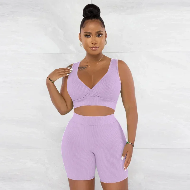 

GUWU Sporty Casual Two 2 Piece Fitness Set for Women Sleeveless V Neck Top and Shorts Lounge Tracksuit Stretch Solid Active Wear