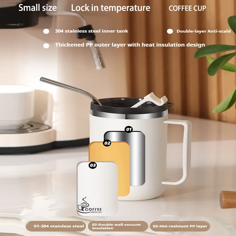 430ML Double-layer Mug Milk Coffee Cup Stainless Steel Thermal Coffee Mug WIth Handle Insulated Cup Portable Sealed Water Cups