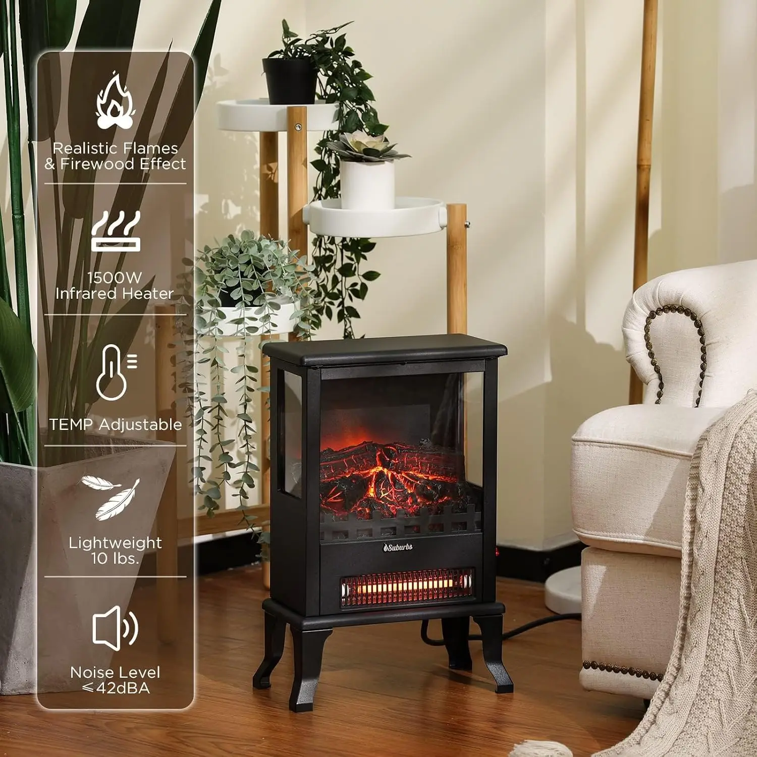 17 Inch Freestanding Electric Fireplace Stove 1500W Heater with 3 Sided Tempered Glass LED 3D Flame Effect Rotary Temperature Knob and Overheat Protection Black for Living Room Bedroom and Apartment
