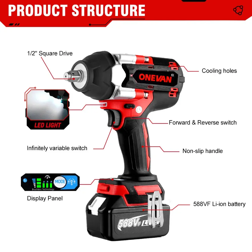 588VF 1800 N.M Torque Brushless Electric Impact Wrench 1/2 In With 22900mAh Lithium-Ion Battery For Makita 18V Battery