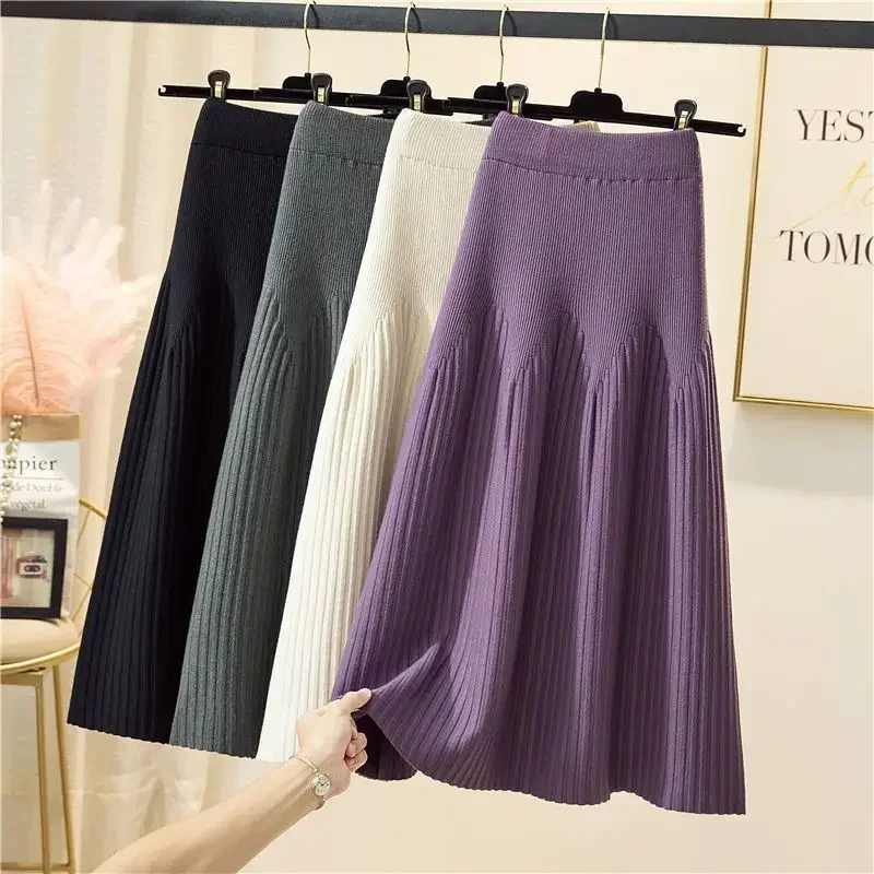 Zik 2023 New Autumn And Winter Mid-length Solid Color A-line Skirt Casual All-match Knitted Pleated Half-length Skirt Women