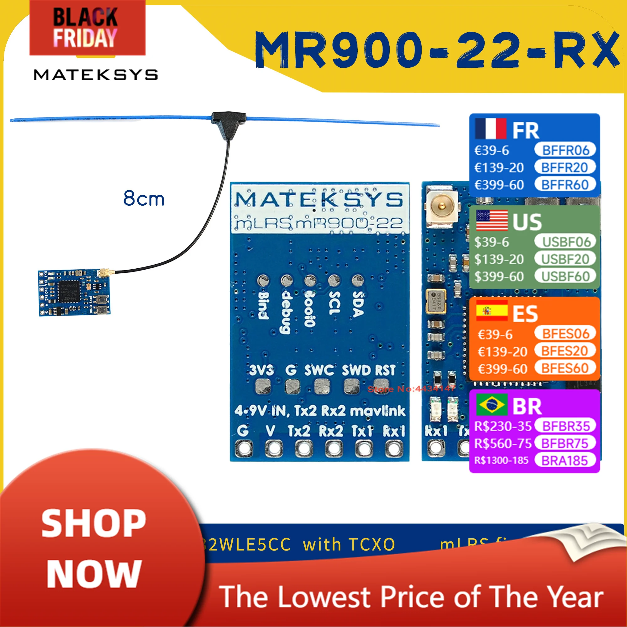 MATEKSYS MATEK MR900-22 RX MLRS MAVLINK 900MHZ RECEIVER 900MHz LoRa / 22 dBm RF power For long range Rc Moder Drone Parts