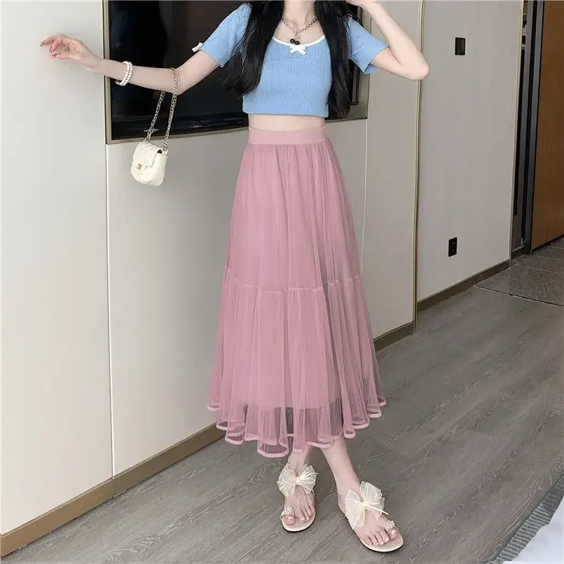 

High Waist Midi Skirts for Women Mesh Pleated Tulle Pleat Summer 2025 Clothing Sales Quality Korean Style Casual V Woman Skirt