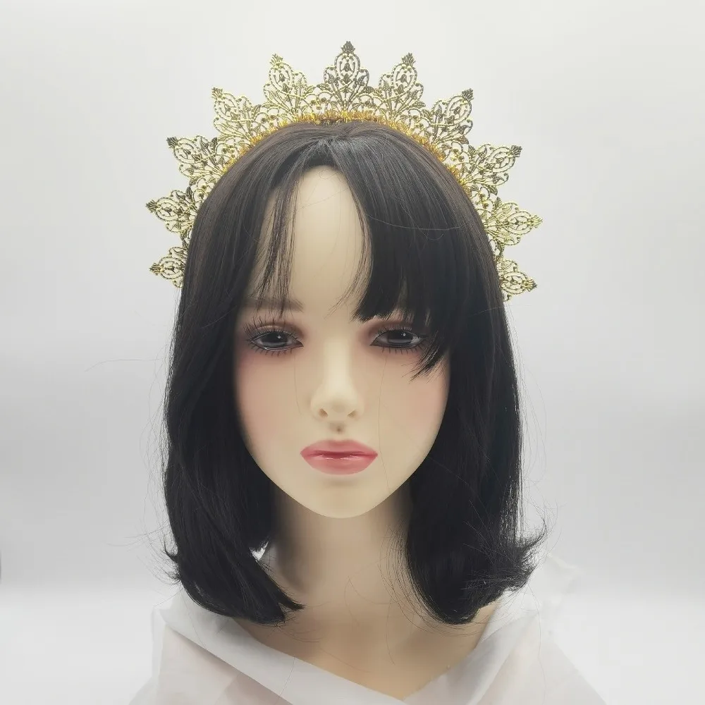 

Vintage Flower Goddess Halo Headband Rhinestone Exaggerated Women Hairband Gold Color Sun Traditional Festival Hair Hoop Wedding