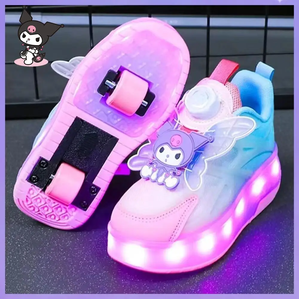 Anime Sanrios Kids Ice Skates Shining Shoes Kawaii Kuromi Cartoon New Invisible Roller Shoes Two-Wheel Girl Thick Soled Shoes