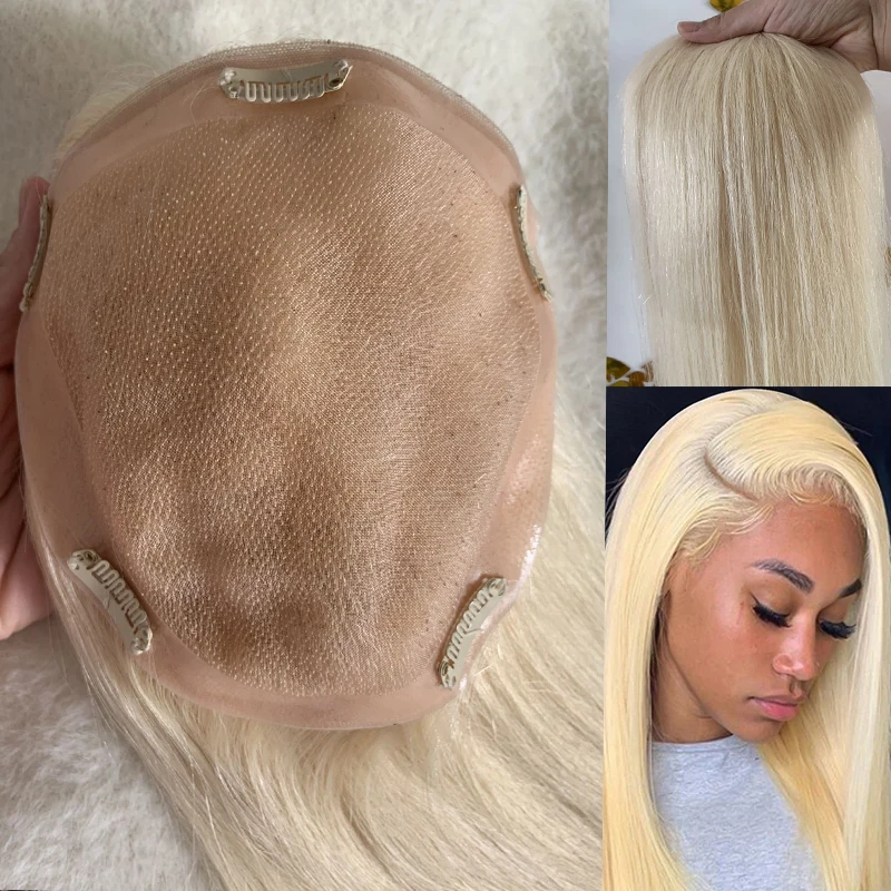 16x18cm blond 100% Remy z ludzkimi włosami blond środkowa część ludzkiego kawałki włosów dla kobiet z do rzadkich włosów klipsem w topperach