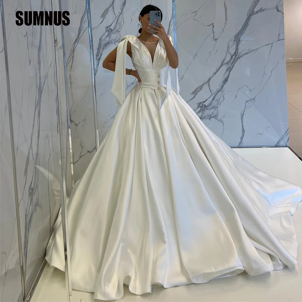 

SUMNUS Deep V Neck A Line Bride Wedding Dress Sweetheart Wedding Dresses for Women Bridal Party Gown Bow Straps vestido de noiva