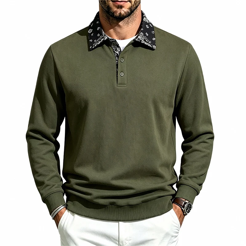 Men's Fall/Winter Long Sleeve Printed Polo Shirt with Turn-Down Collar, 3-Button Placket, Casual Pullover Knit Top