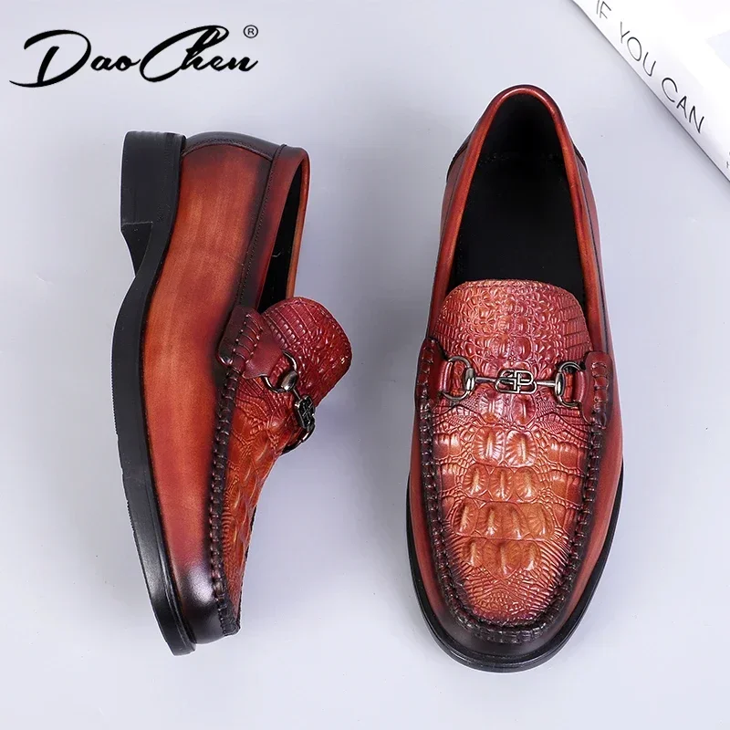 Luxury Brand Mens Leather Shoes Slip On Brown Blue Crocodile Print Horsebit Men Loafers Wedding Office Casual Shoes For Men