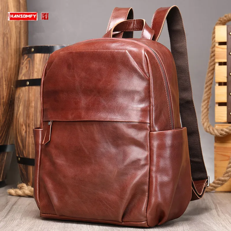 

Genuine Leather Men's Backpack Retro Laptop Bag Schoolbag Leisure First Layer Cow Leather Computer Bag Travel Backpacks