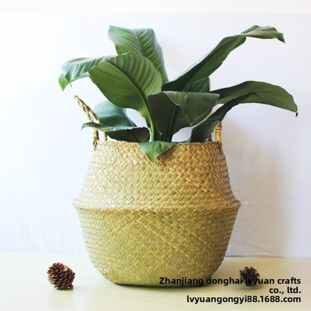 

Handmade Natural Woven Straw Folding Storage Basket 23 Inch Diameter for Home Office Flower Pot Magazine Craft Supply Organizer