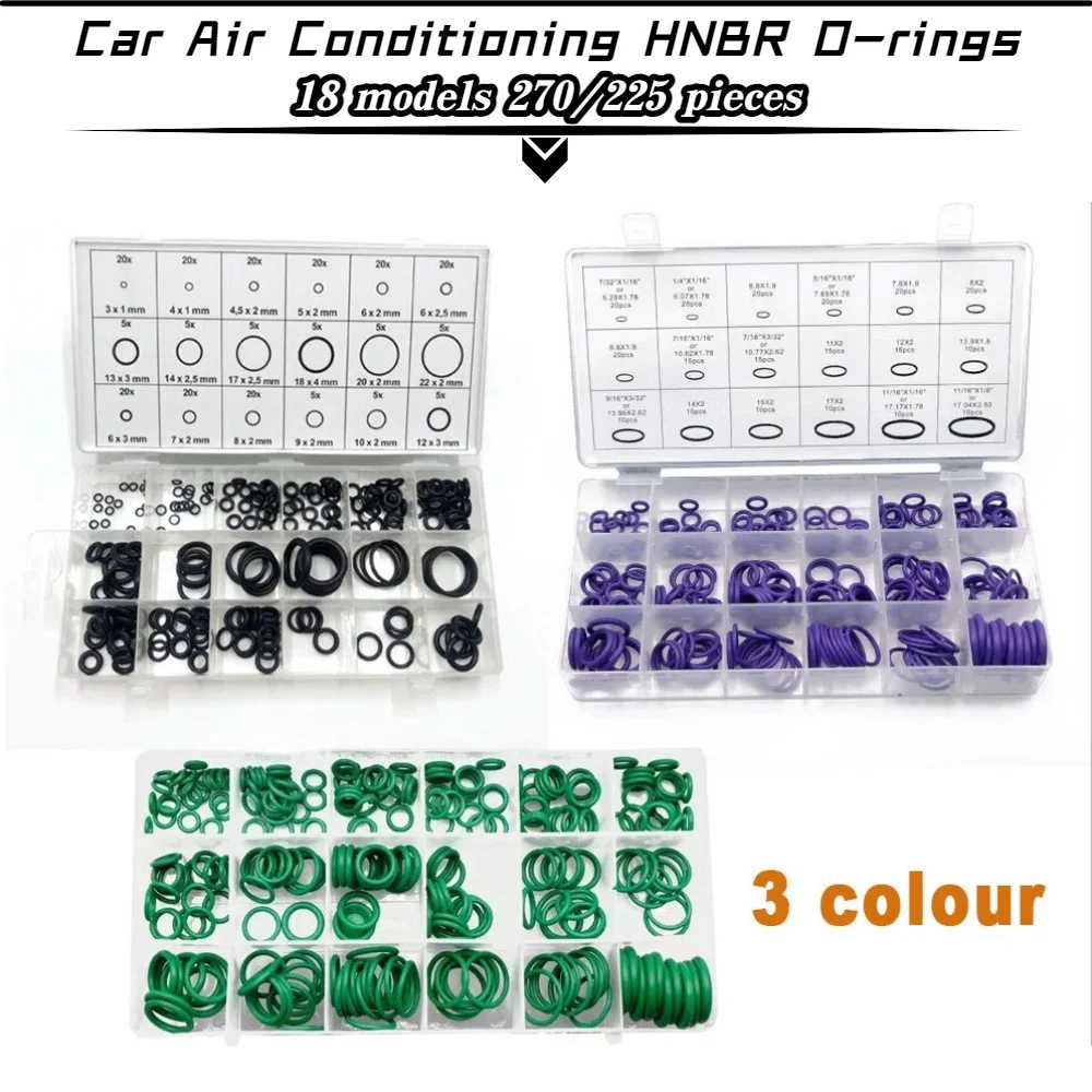 18 Sizes 270/225Pcs Universal Air Conditioning HNBR O-rings Car Auto Repair Tools Rubber Air Conditioning Refrigerant Ring Set